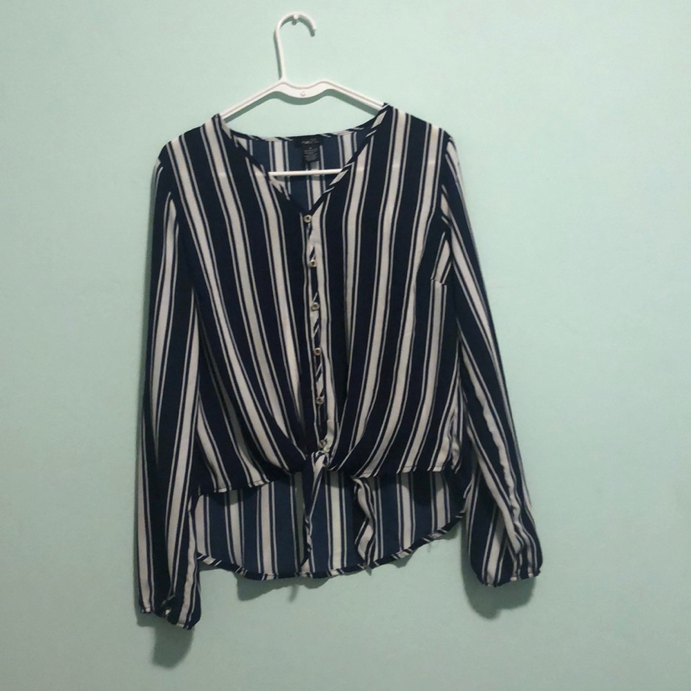 Navy blue and white striped blouse.